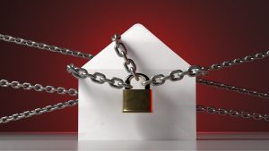 paper envelope representing an email with a chain and pad lock wrapped around it indicating security