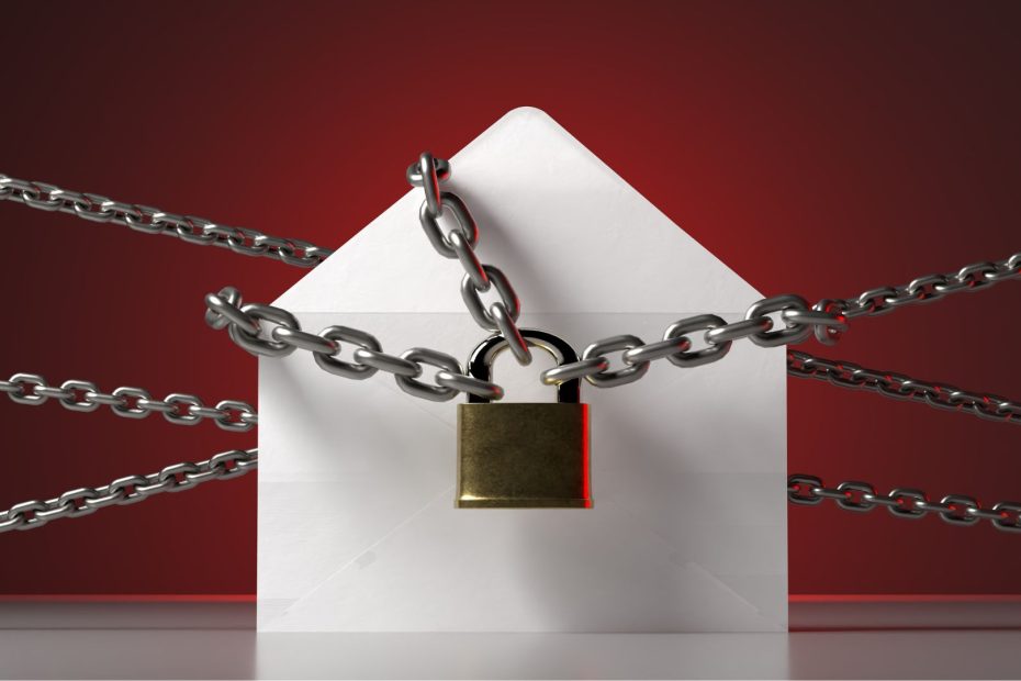 paper envelope representing an email with a chain and pad lock wrapped around it indicating security