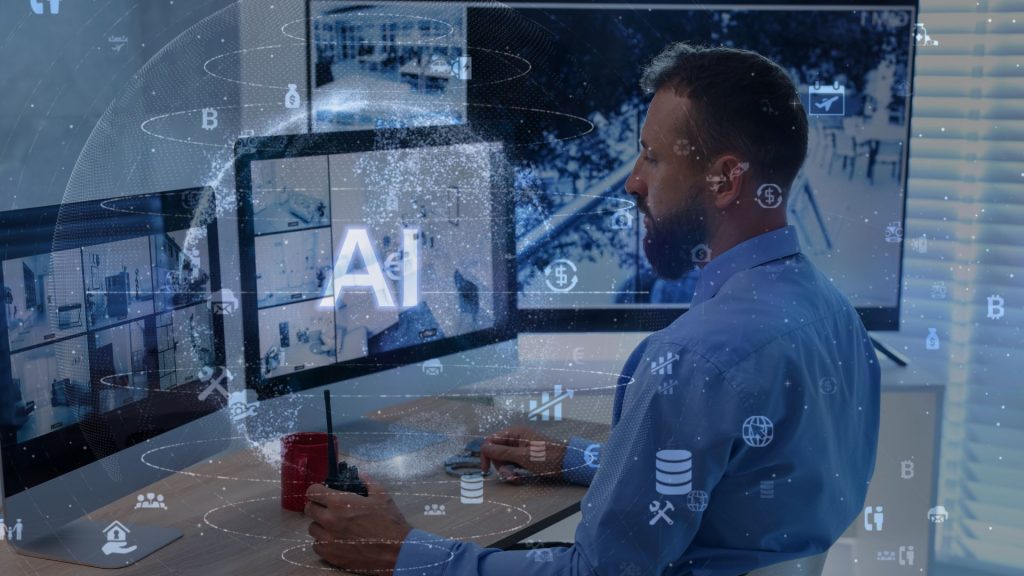 man at computer terminal searching security cameras using AI
