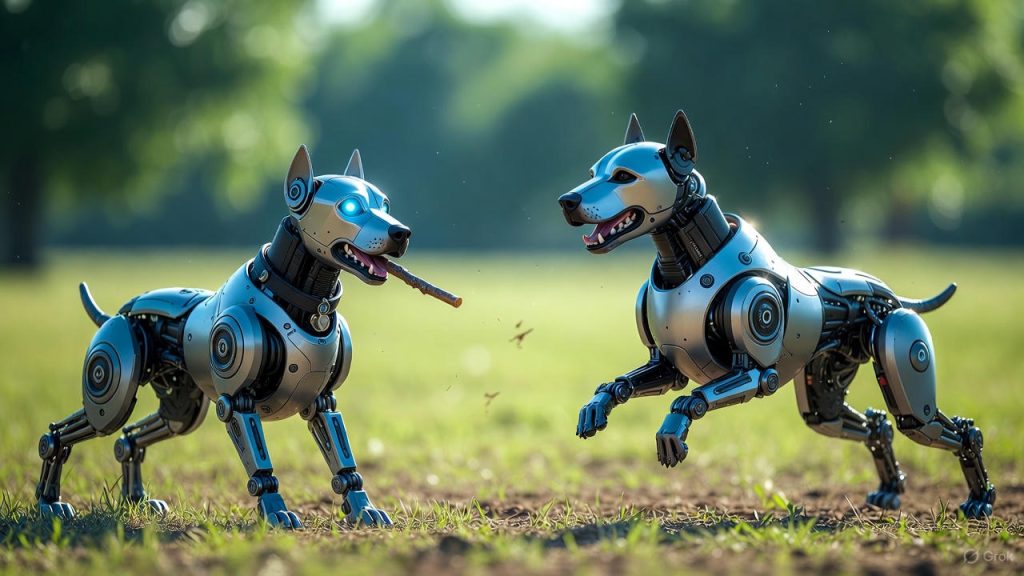 two robot dogs playing fetch