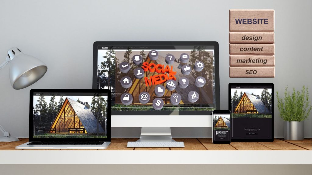 several devices showing social media marketing on a website.