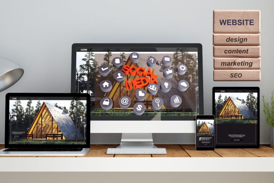 several devices showing social media marketing on a website.