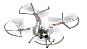 a white drone with blade protectors and camera