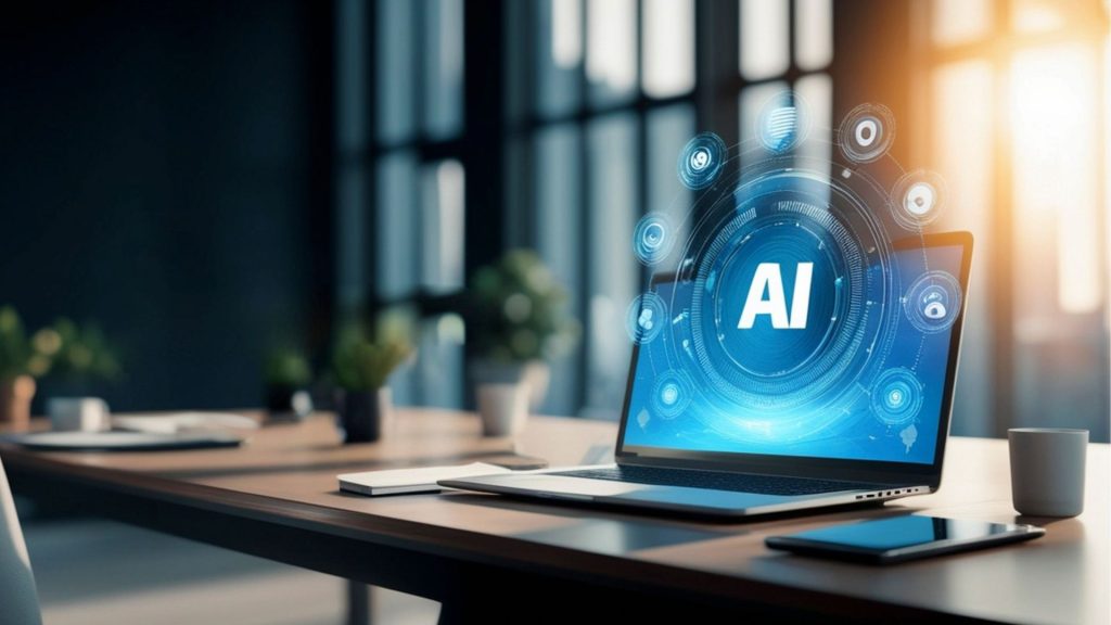 Laptop on a desk next to a window with sun shining through with the words AI on computer screen.