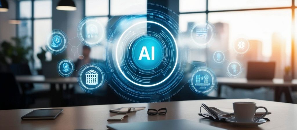 Laptop on a desk next to a window with sun shining through with the words AI on computer screen related to marketing.