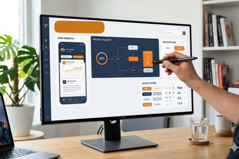 The scene is a clean, modern workspace with a focus on a high-end desktop monitor. On the screen, show a vibrant and organized UX design interface.