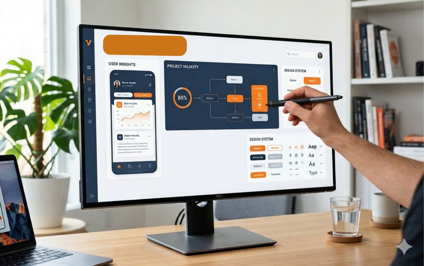The scene is a clean, modern workspace with a focus on a high-end desktop monitor. On the screen, show a vibrant and organized UX design interface.