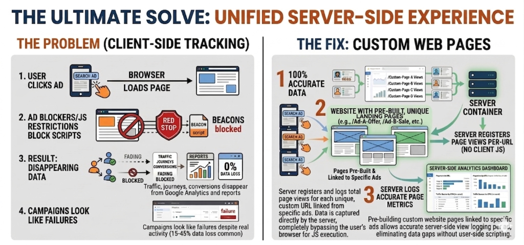 A two-column infographic, under the headline 'THE ULTIMATE SOLVE: UNIFIED SERVER-SIDE EXPERIENCE', compares the problems of client-side tracking with the solutions of server-side tracking. The left column, titled 'THE PROBLEM (CLIENT-SIDE TRACKING)', illustrates a four-step negative scenario: 'USER CLICKS AD': An ad leads to a page load in a browser. 'AD BLOCKERS/JS RESTRICTIONS BLOCK SCRIPTS': Security tools stop tracking beacons, indicated by 'RED STOP' and crossed-out icons. 'RESULT: DISAPPEARING DATA': Data points on traffic, journeys, and conversions are shown 'FADING' and 'BLOCKED', leading to incomplete 'REPORTS' with data loss. 'CAMPAIGNS LOOK LIKE FAILURES': Marketing dashboards show red 'failure' messages, and a text note explains that 15-45% data loss is common. The right column, titled 'THE FIX: TRACKING TRAFFIC ON CUSTOM WEBSITE PAGES', presents a four-step solution with interconnected diagrams: '100% ACCURATE DATA': A dashboard with profile icons and specific views ('Custom-Page-A Views', etc.) is shown. Next, illustrations of specific ads on phones connect to a central diagram of 'WEBSITE WITH PRE-BUILT, UNIQUE LANDING PAGES (e.g., /Ad-A-Offer, /Ad-B-Sale, etc.)', which are 'Linked to Specific Ads'. From these pages, green arrows point to a 'SERVER CONTAINER' on the right, labeled 'SERVER REGISTERS PAGE VIEWS PER-URL (NO CLIENT JS)'. Below, a 'SERVER-SIDE ANALYTICS DASHBOARD' with pie charts and bar graphs is shown. Arrows lead from this dashboard to a final text box that summarizes: 'Pre-building custom website pages linked to specific ads allows accurate server-side view logging per ad, eliminating data gaps without user-side scripting.'