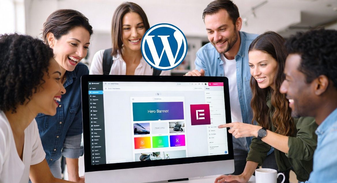 diverse modern marketing team (4-5 people: two women and two men, ages 38-50, casual-business attire) gathered happily around a large computer monitor in a bright, open-plan office. They are actively working inside the WordPress admin dashboard with the Elementor page builder visibly open on scree